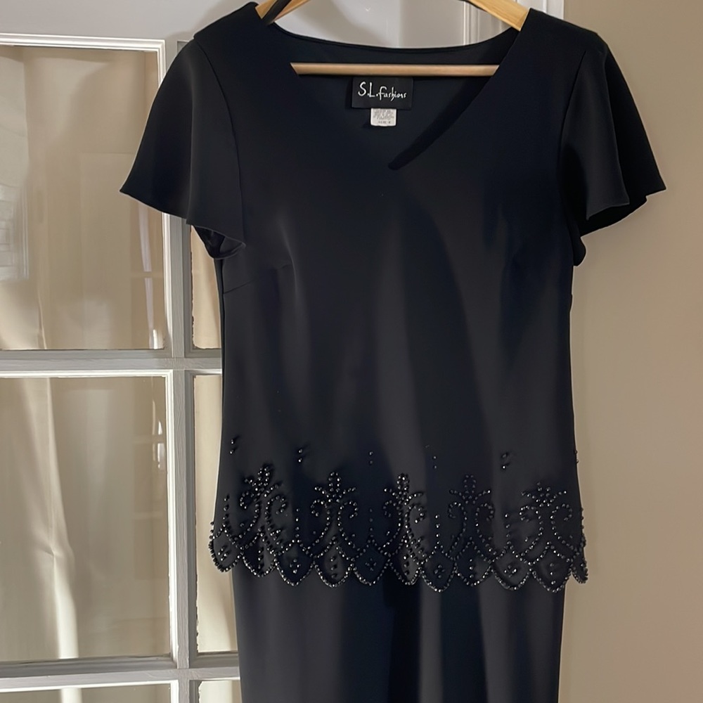 S.L. fashions beaded black dress